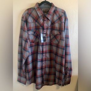 Wrangler Men’s 2XL Tall Retro Plaid Flannel New With Tags. Orange, Blue, Gray.